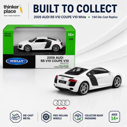 Welly 1:64 Audi 2009 R8 V10 Coupe White Die-Cast Metal Model Car