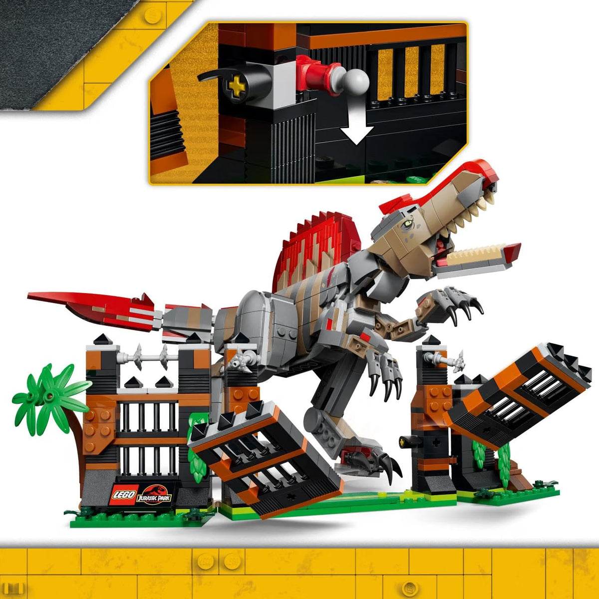 LEGO 77982 Jurassic World Spinosaurus Dinosaur Escape – 820-Piece Posable Dinosaur Playset with 2 Minifigures, Ages 9+
