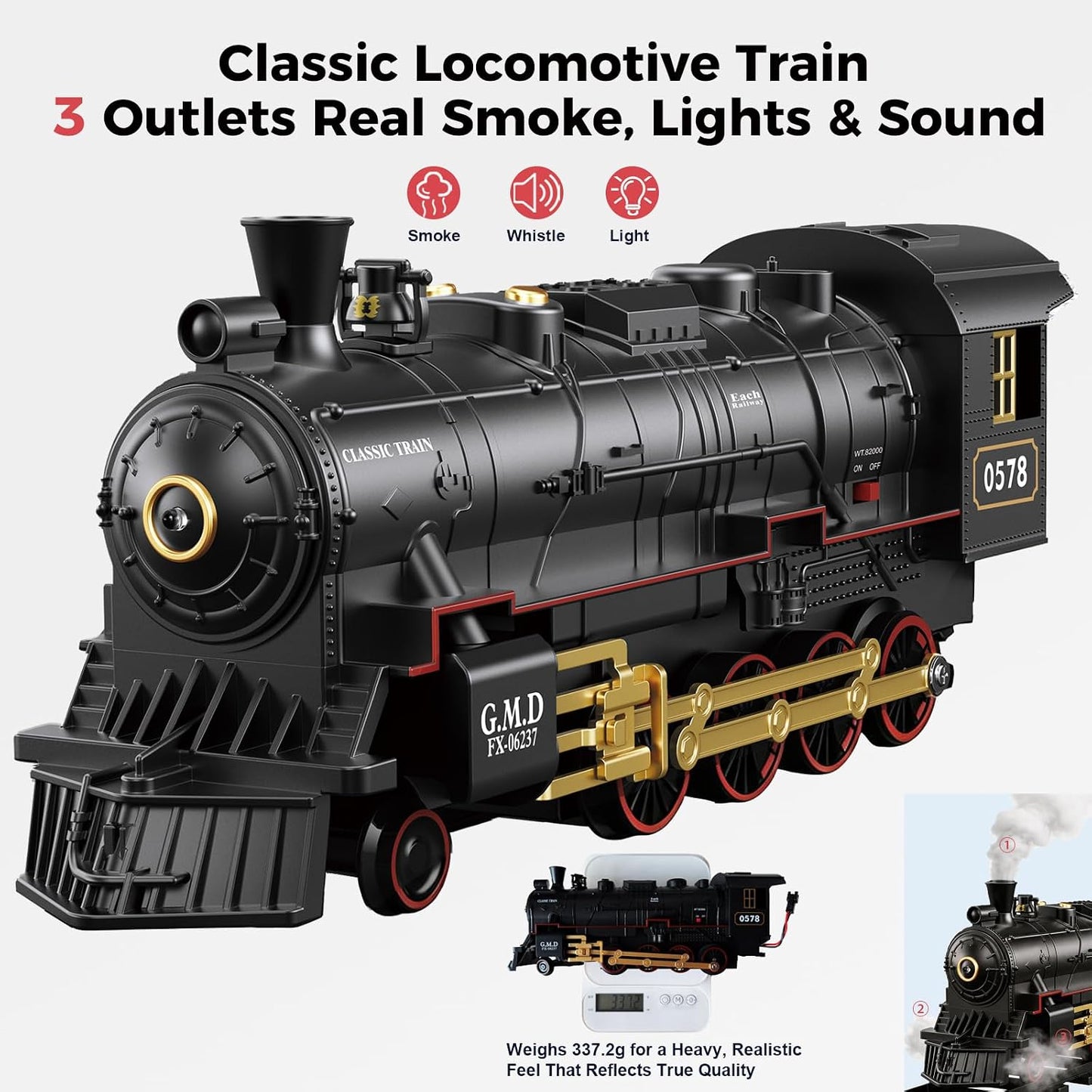 Classic Steam Train Set with Remote Control, Smoke, Whistle & Lights | Rechargeable Railway Toy with Cargo Cars & Tracks