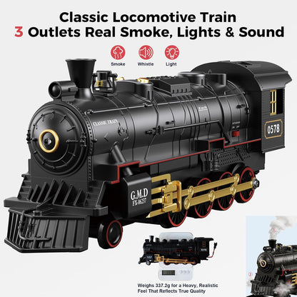 Classic Steam Train Set with Remote Control, Smoke, Whistle & Lights | Rechargeable Railway Toy with Cargo Cars & Tracks