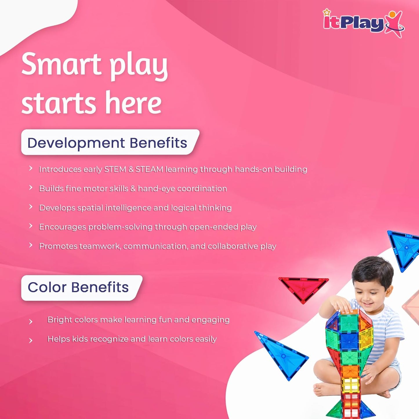 ItPlay Magnetic Tiles 59 Pieces Set for Kids | STEM Educational Magnetic Building Blocks Construction Toy