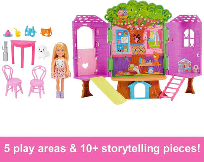 Barbie Chelsea Doll & Treehouse Playset with Pet Puppy – Dollhouse with Furniture, Slide & 10+ Accessories