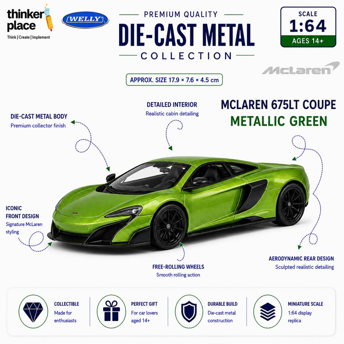 Welly 1:64 McLaren 675LT Coupe Metallic Green Die-Cast Metal Model Car
