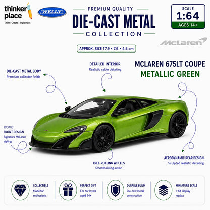 Welly 1:64 McLaren 675LT Coupe Metallic Green Die-Cast Metal Model Car