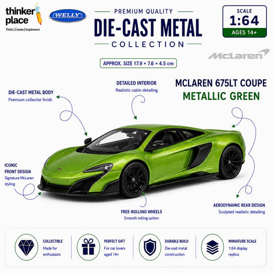 Welly 1:64 McLaren 675LT Coupe Metallic Green Die-Cast Metal Model Car