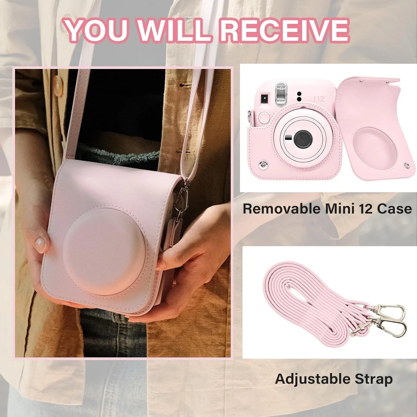 Pop & Snap in Style – Mini 12 Camera Case with Strap (Perfect Fit for Instax Mini 12) - Blossom Pink - Jaiman Toys