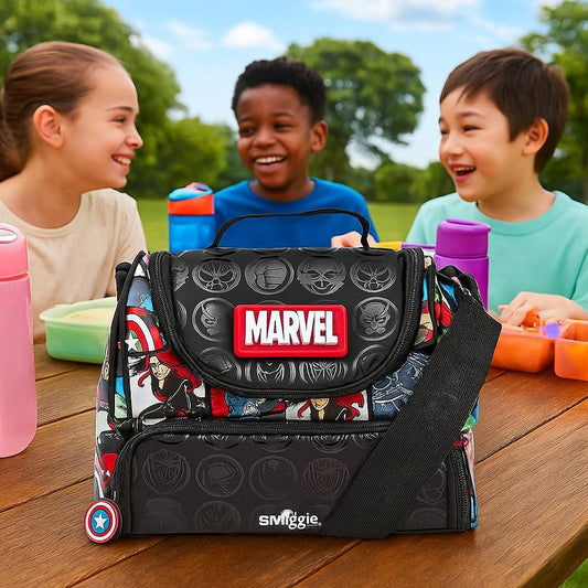 Smiggle Marvel Double Decker Lunch Bag – Insulated, BPA-Free, 2 Compartments, Silicone Marvel Logo