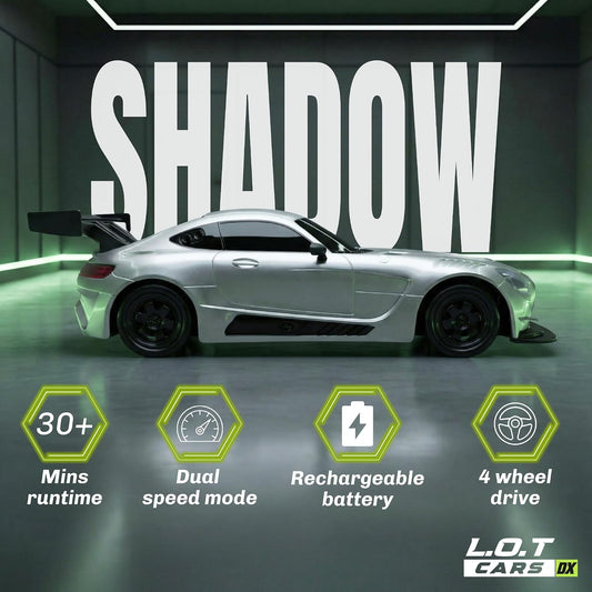 L.O.T Cars Shadow RC Drifter Asphalt Silver | 1:20 Scale Remote Control Drift Car with 2.4GHz Wireless Remote, 4WD, Variable Speed Steering, LED Lights & Dual Speed Mode