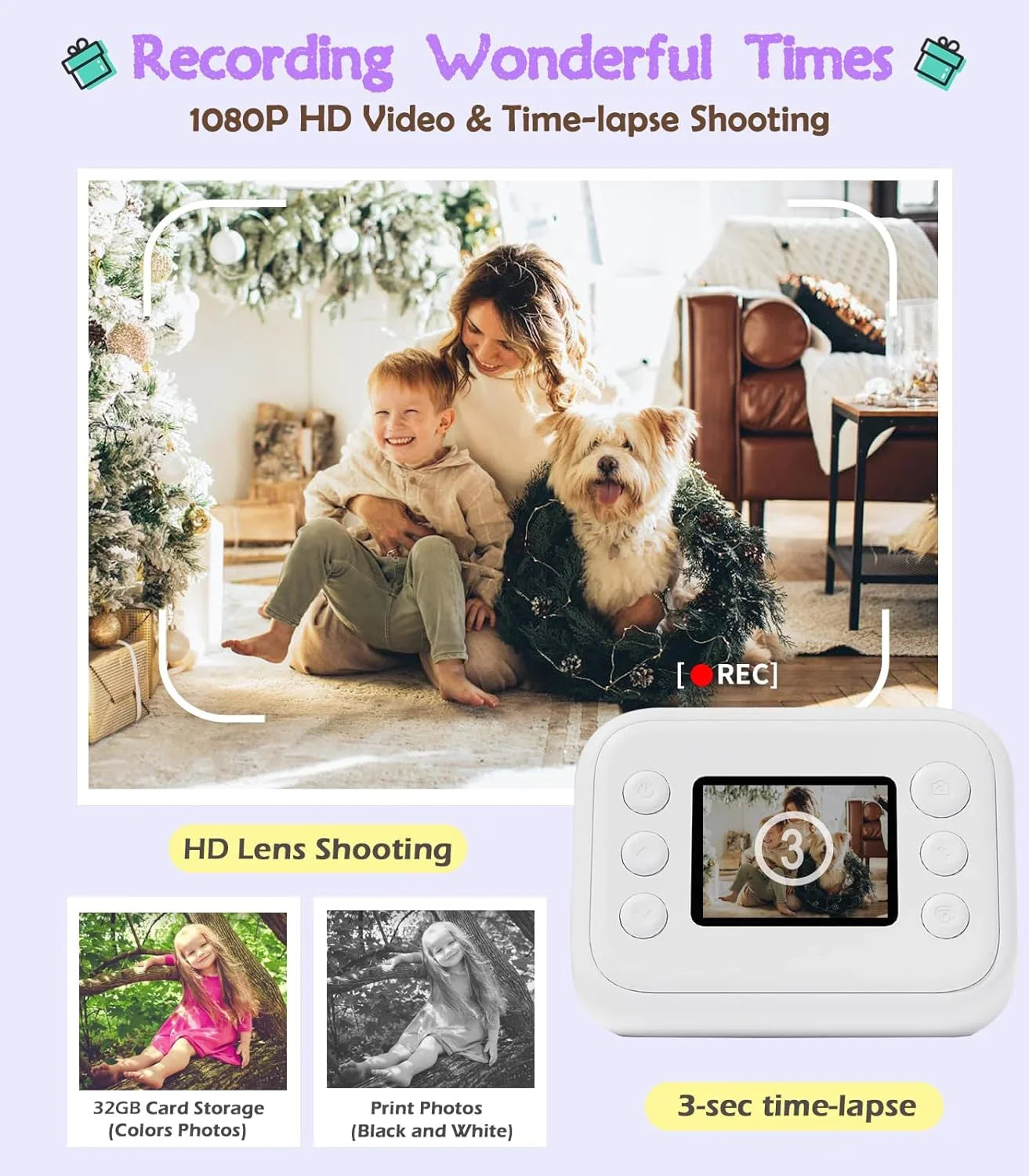 Instant Print Camera – 1080P Digital Video, Photo & Travel Toy Gift (Purple)