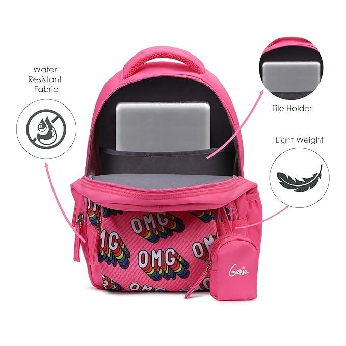 Genie School Bags OMG Kids Backpack – 15" Cute & Colorful Bag for Girls with Happy Pouch - Jaiman Toys