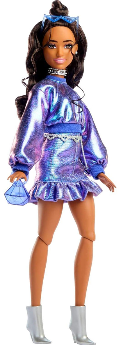 Barbie Deluxe Style Doll #7 – Metallic Blue Outfit, Wavy Brown Hair & Glam Accessories - Jaiman Toys