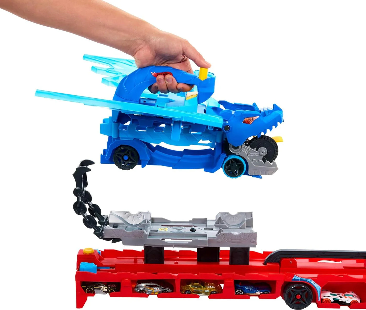 Hot Wheels City Toy Car Track Set – Ultimate Dual Dragon Transporter & 2 Die-Cast Cars