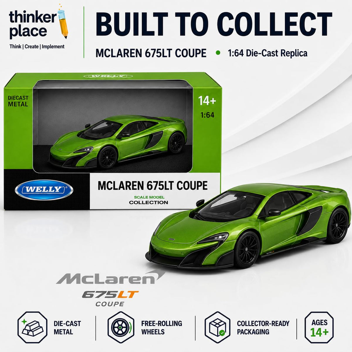 Welly 1:64 McLaren 675LT Coupe Metallic Green Die-Cast Metal Model Car
