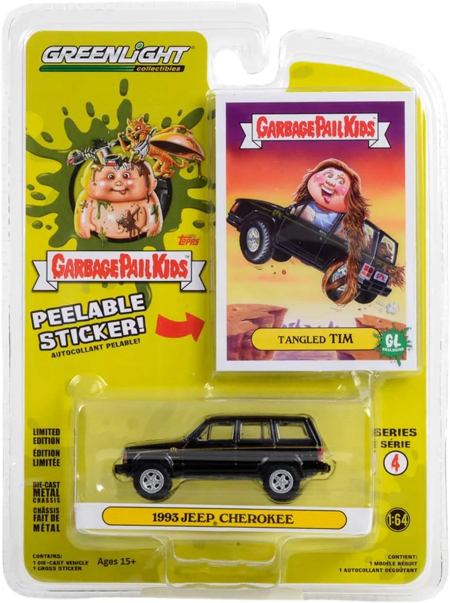 Greenlight Garbage Pail Kids – 1993 Jeep Cherokee with Tangled Tim Peelable Sticker (1:64 Scale Die-Cast) - Jaiman Toys
