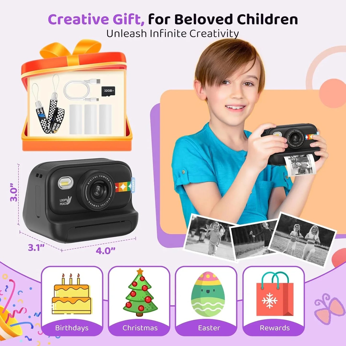 Instant Print Camera – 1080P Digital Video, Photo & Travel Toy Gift (Black)