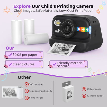 Instant Print Camera – 1080P Digital Video, Photo & Travel Toy Gift (Black)