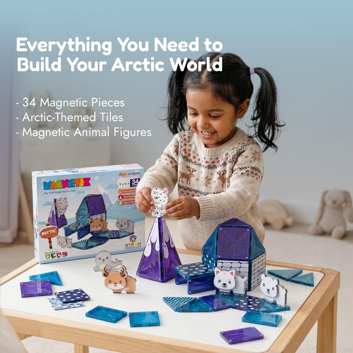 Zephyr Learning Steps Magnetix Arctic Magnetic Tiles Building Set – 34 Pieces, Ages 3+