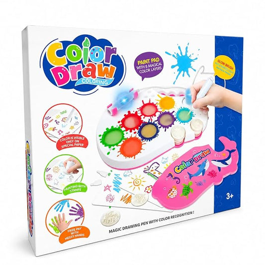 (Box Damage) Color Draw Magic Coloring Paint Pad with 8 Magical Color Layers, Smart Color Recognition Pen, Glow Brush & Stamps – Reusable Mess-Free Drawing & Art Kit for Kids Age 3+