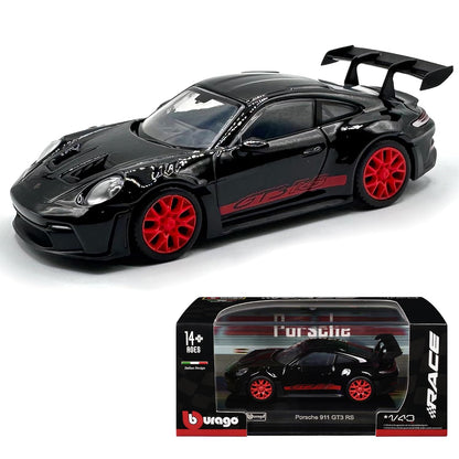 Bburago 1:43 Porsche 911 GT3 RS Die-Cast Model Car | Metal Collectible Sports Car with Red Wheels, Racing Graphics & Display Base – Black, Ages 14+