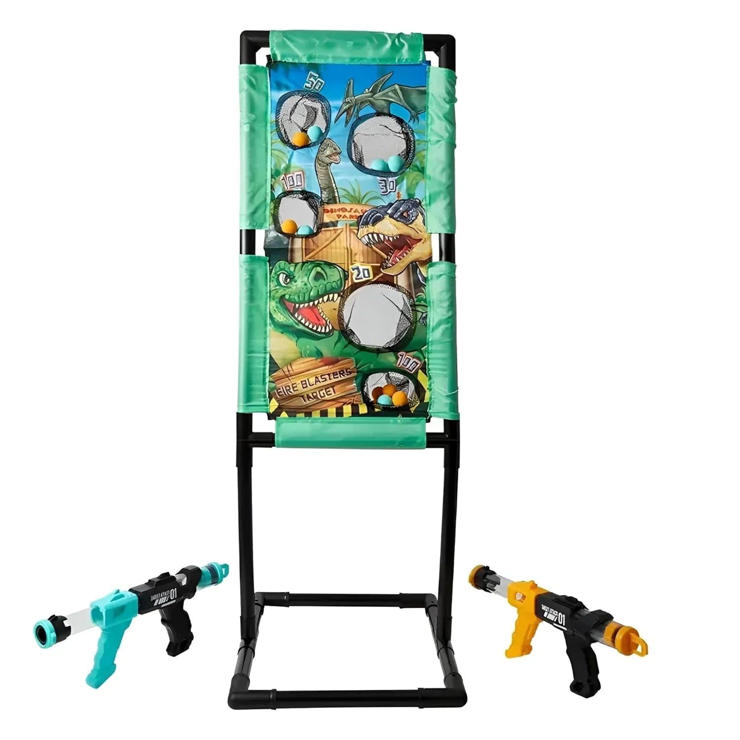 Innov8 Fire Blaster Target Set, 2 Air-Powered Blasters with 24 Foam Balls, Adjustable Dinosaur Target, Kids 5+ - Jaiman Toys