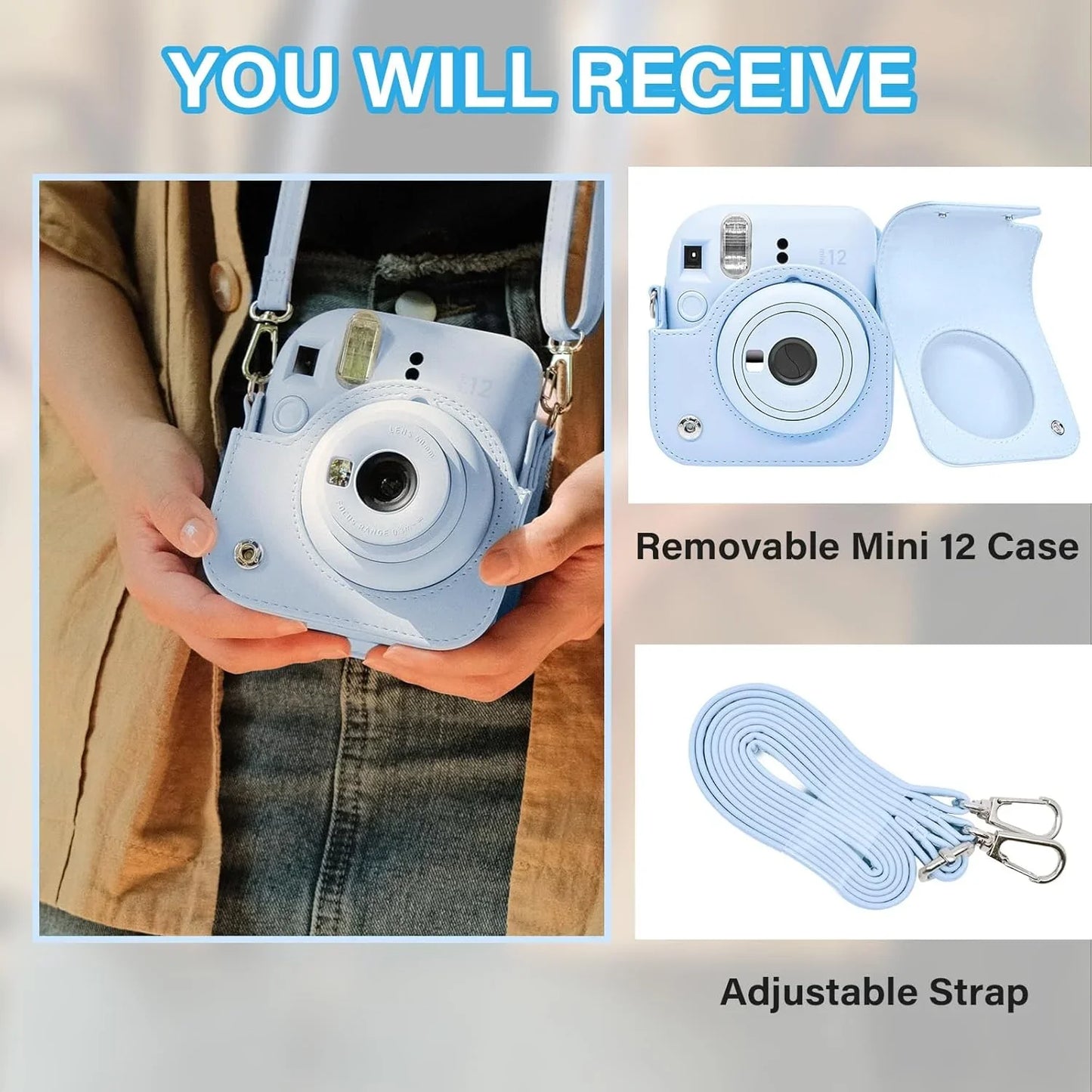 Pop & Snap in Style – Mini 12 Camera Case with Strap (Perfect Fit for Instax Mini 12) - Pastel Blue - Jaiman Toys