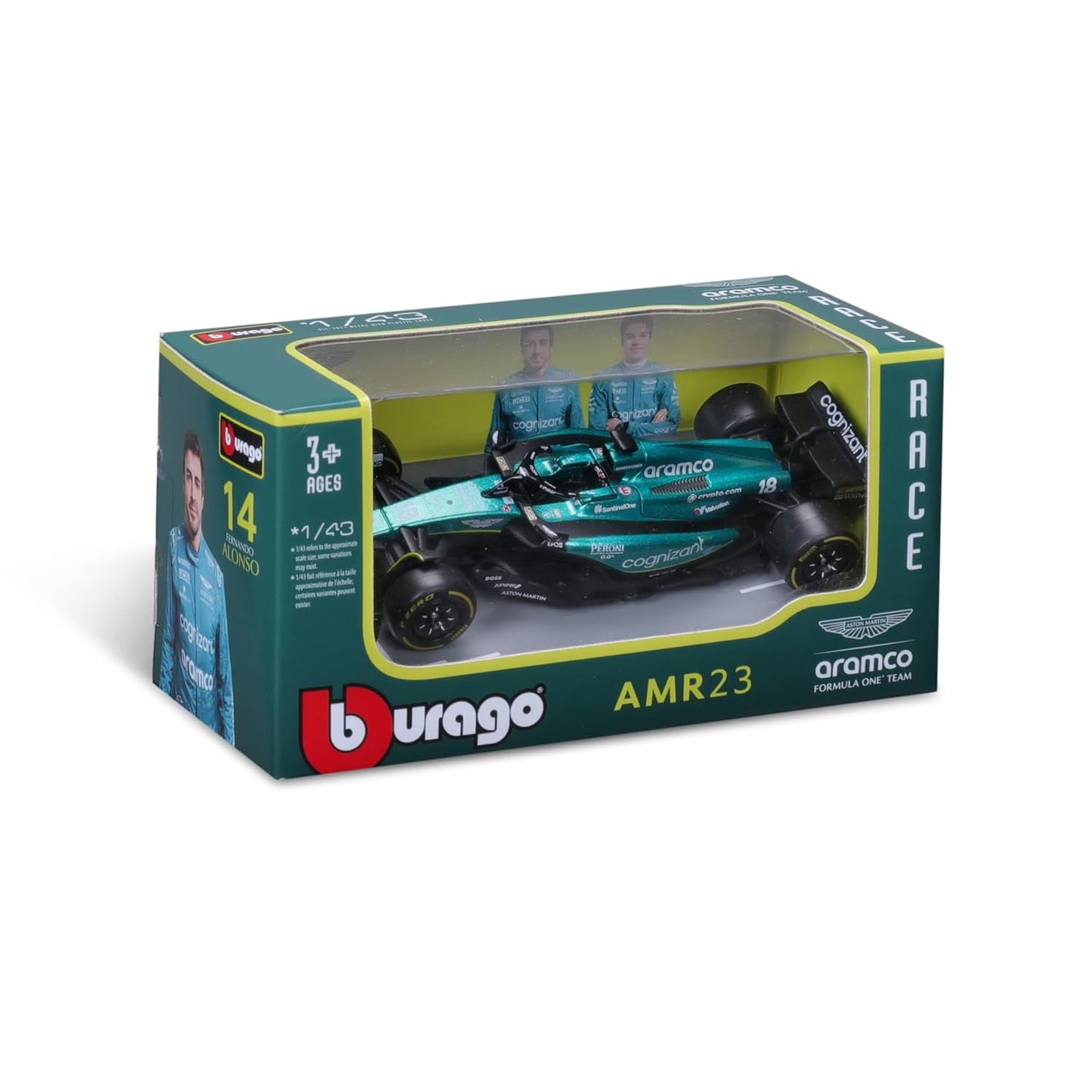 Bburago 1:43 Aston Martin Aramco F1 AMR23 #14 Fernando Alonso Diecast Formula 1 Car – Green