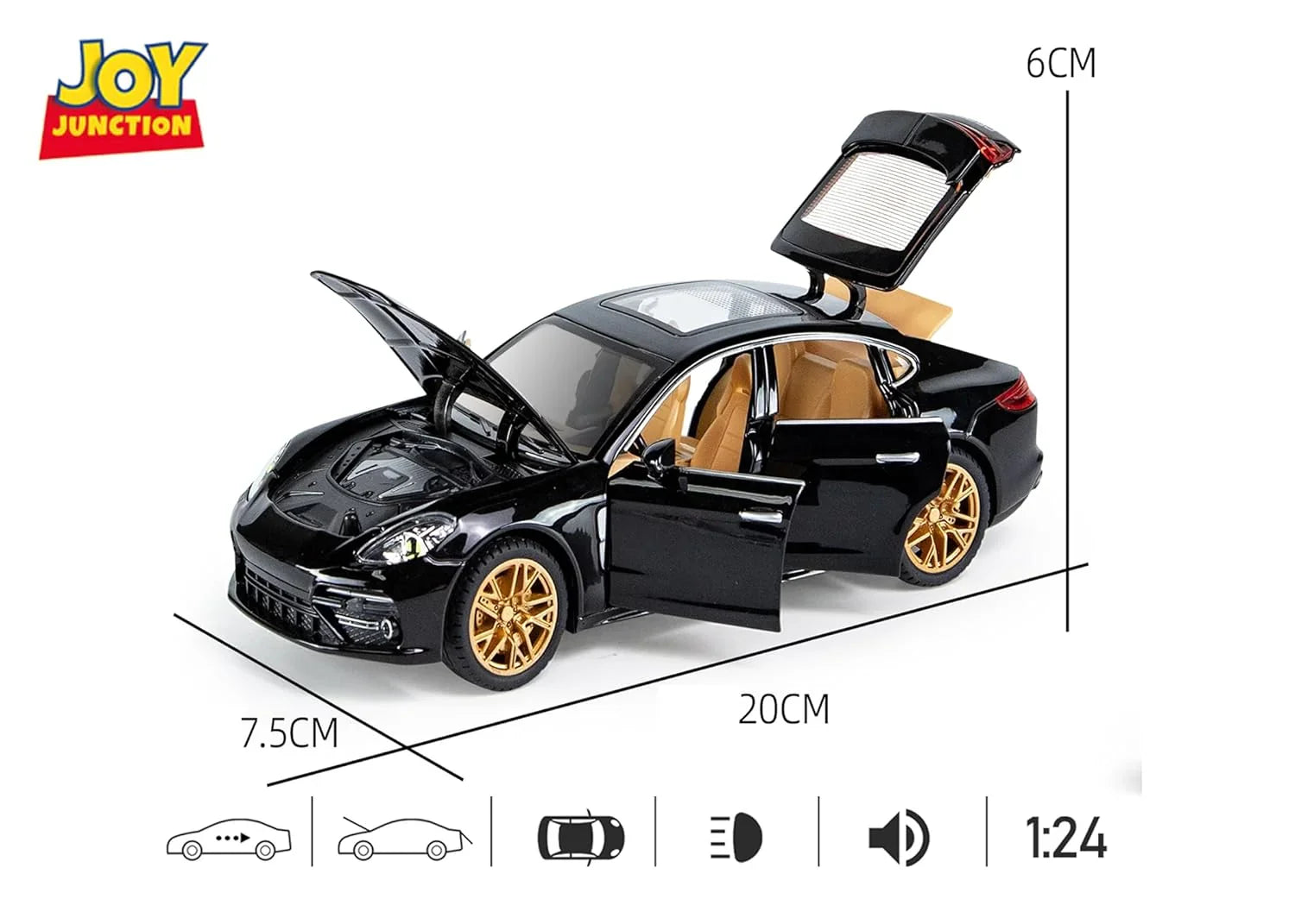 Joy Junction 1:24 Porsche Panamera Die-Cast Model Car – Alloy Metal Pull Back Toy Car with Openable Doors, Light & Music - Jaiman Toys