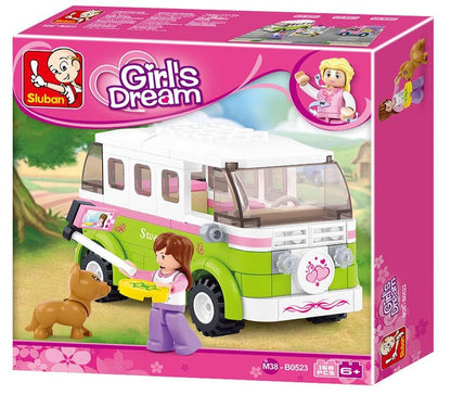 Sluban Girl's Dream Camper Van Building Block Set M38-B0523 | 158 Pieces | Travel Camper Construction Toy with Mini Figure & Pet | Educational Building Set for Kids