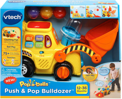 VTech Pop-a-Balls Push & Pop Bulldozer Yellow | Interactive Push Walker Toy with Balls, Lights & Sounds for Toddlers