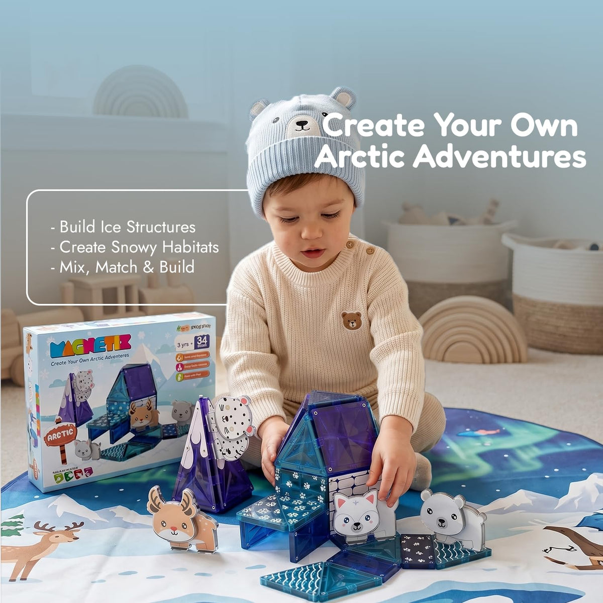 Zephyr Learning Steps Magnetix Arctic Magnetic Tiles Building Set – 34 Pieces, Ages 3+