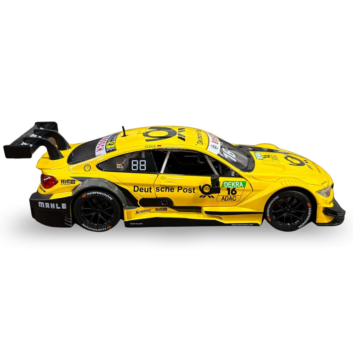 MSZ 1:24 Scale BMW M4 DTM Racing Diecast Model Car – Yellow Deutsche Post Edition, Metal Body Collectible with Detailed Interior, Opening Features & Display Model for Ages 14+