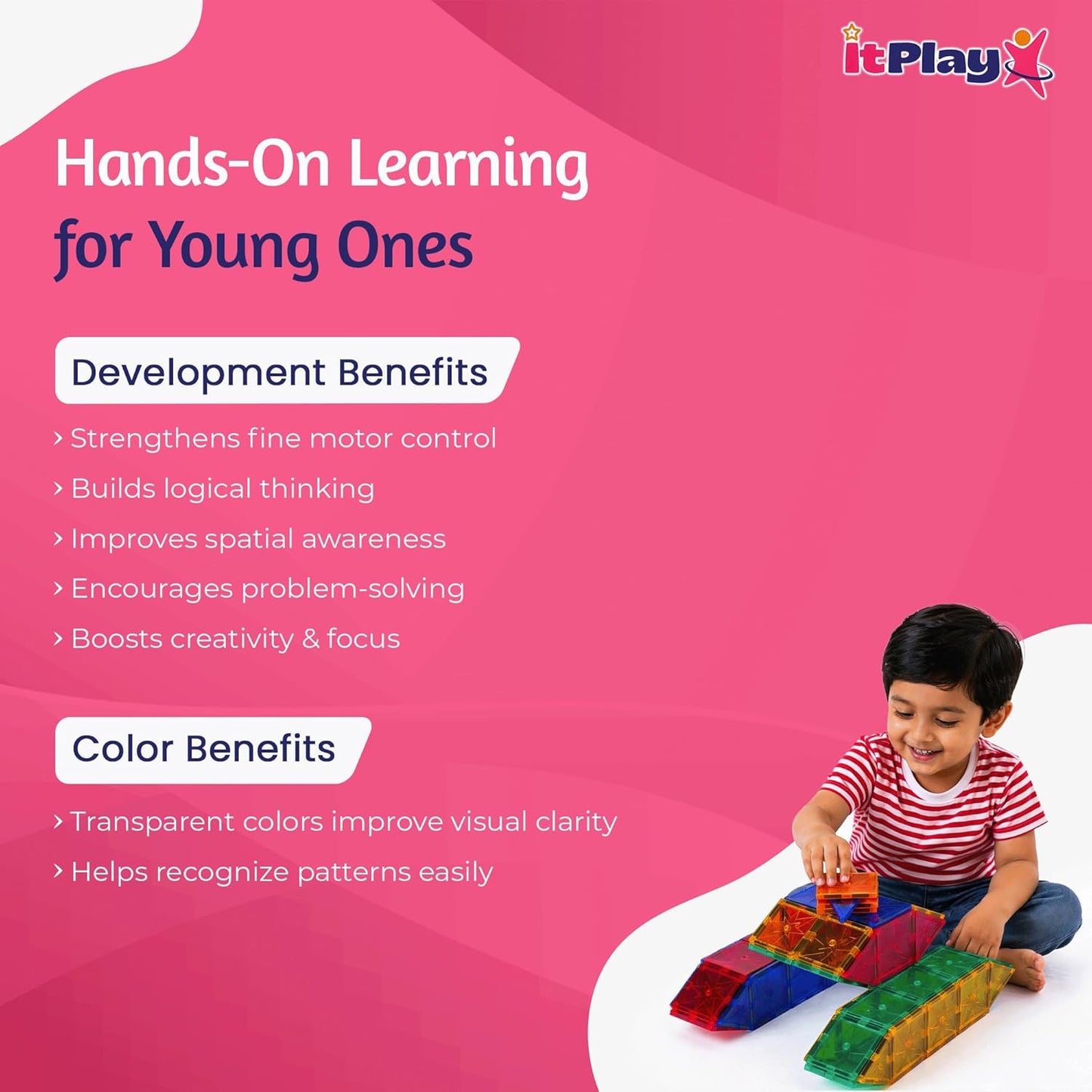 ItPlay Magnetic Tiles 98 Pieces Set for Kids | STEM Educational Magnetic Building Blocks Construction Toy