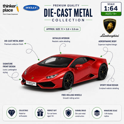 Welly 1:64 Lamborghini Huracan Coupe Red Diecast Metal Model Car | Collectible Supercar for Ages 14+