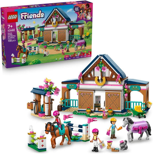 LEGO Friends 42688 Horse Stable and Riding Academy - Educational Toy Animal Playset w/ 3 Mini Dolls, 2 Horse Figures, a Puppy & Grooming Accessories - Birthday Gift for 7+ Year Old Girls