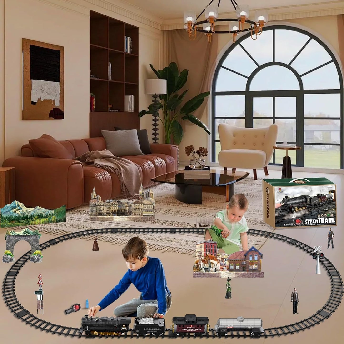 Classic Steam Train Set with Remote Control, Smoke, Whistle & Lights | Rechargeable Railway Toy with Cargo Cars & Tracks
