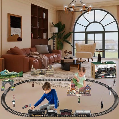 Classic Steam Train Set with Remote Control, Smoke, Whistle & Lights | Rechargeable Railway Toy with Cargo Cars & Tracks