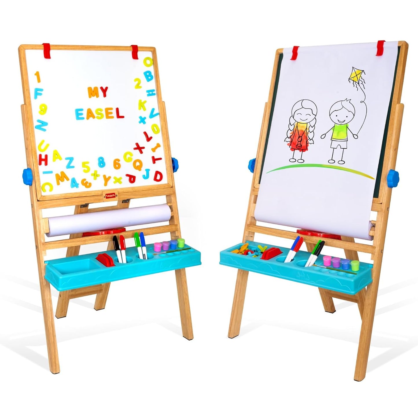 Giggles Funskool My First Easel, 4in1 Double Sided Wooden Magnetic Board with Alphabets & Numbers, Learning, Fun & Engaging Activity,