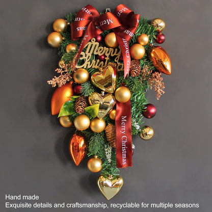 Luxury Christmas Wall Hanging Centerpiece with Golden Hearts & Ornaments | Pinecone & Bauble Decorative Arrangement – Holiday Home Décor