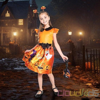 Girls’ Pumpkin Ghost Halloween Costume Dress – Cosplay Party Outfit