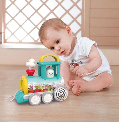 Hola Pull Along Train Engine Toy – Musical Educational Pull Toy with Moving Gears for Babies (6–24 Months)