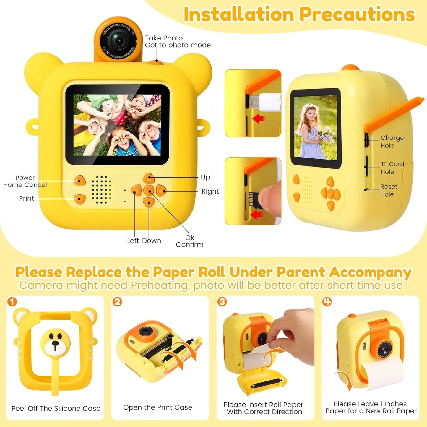 Instant Print Kids Camera – 48MP 1080P Video Toy with Rotating Lens & 6 Rolls - Yellow