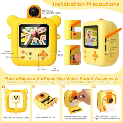 Instant Print Kids Camera – 48MP 1080P Video Toy with Rotating Lens & 6 Rolls - Yellow