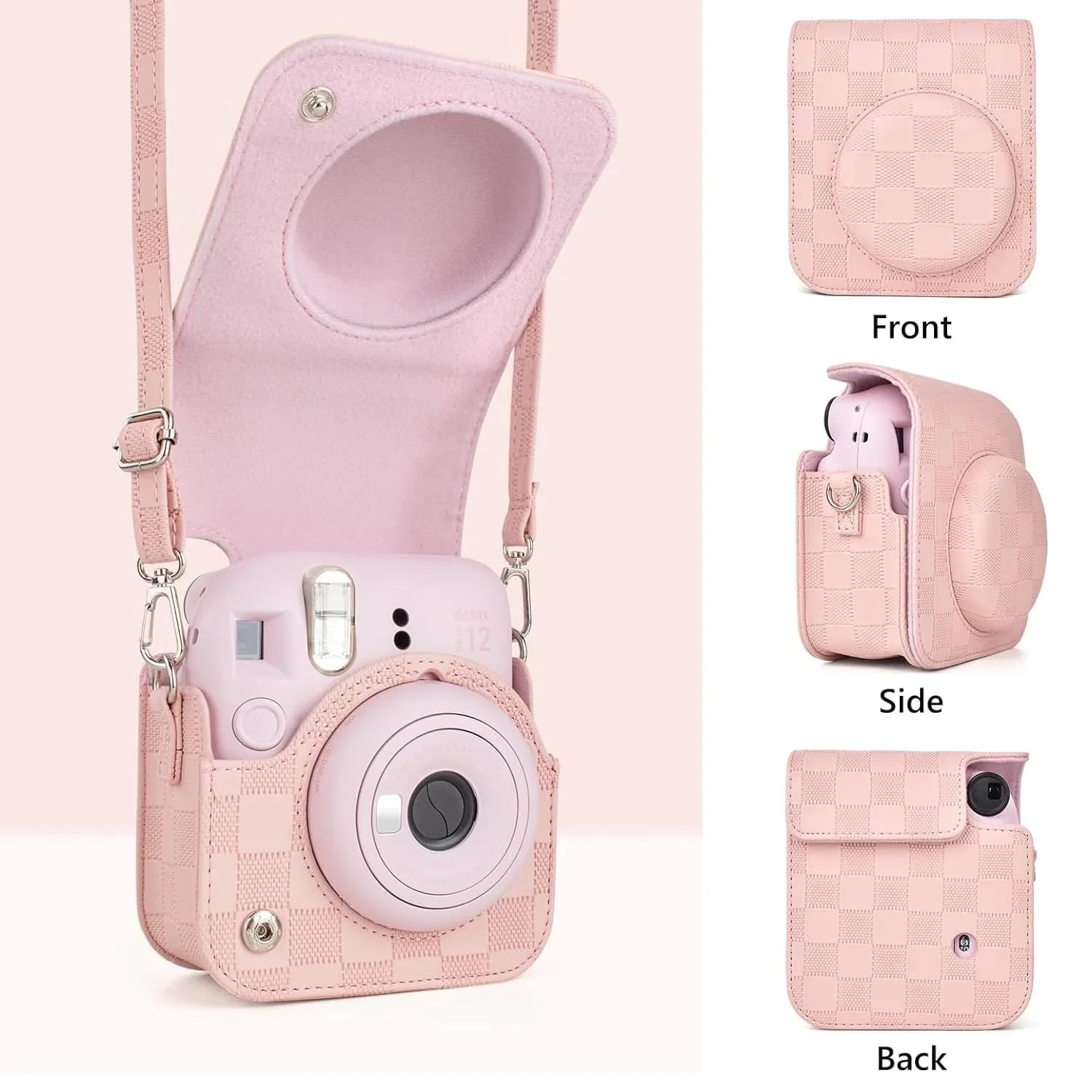 Checkmate Style – Chess Board PU Leather Camera Case for Instax Mini 12 with Adjustable Strap - Blossom Pink - Jaiman Toys