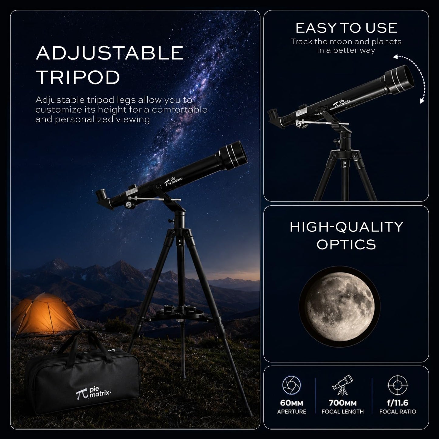 Pie Matrix Phoenix 60700 Astronomical land & Sky Refractor Telescope with 175x Ultra Zoom,Fully Coated Glass Optics, Alt-Az Mount,Professionals to Explore Moon,Saturn Rings, Planets & Deep Sky Objects