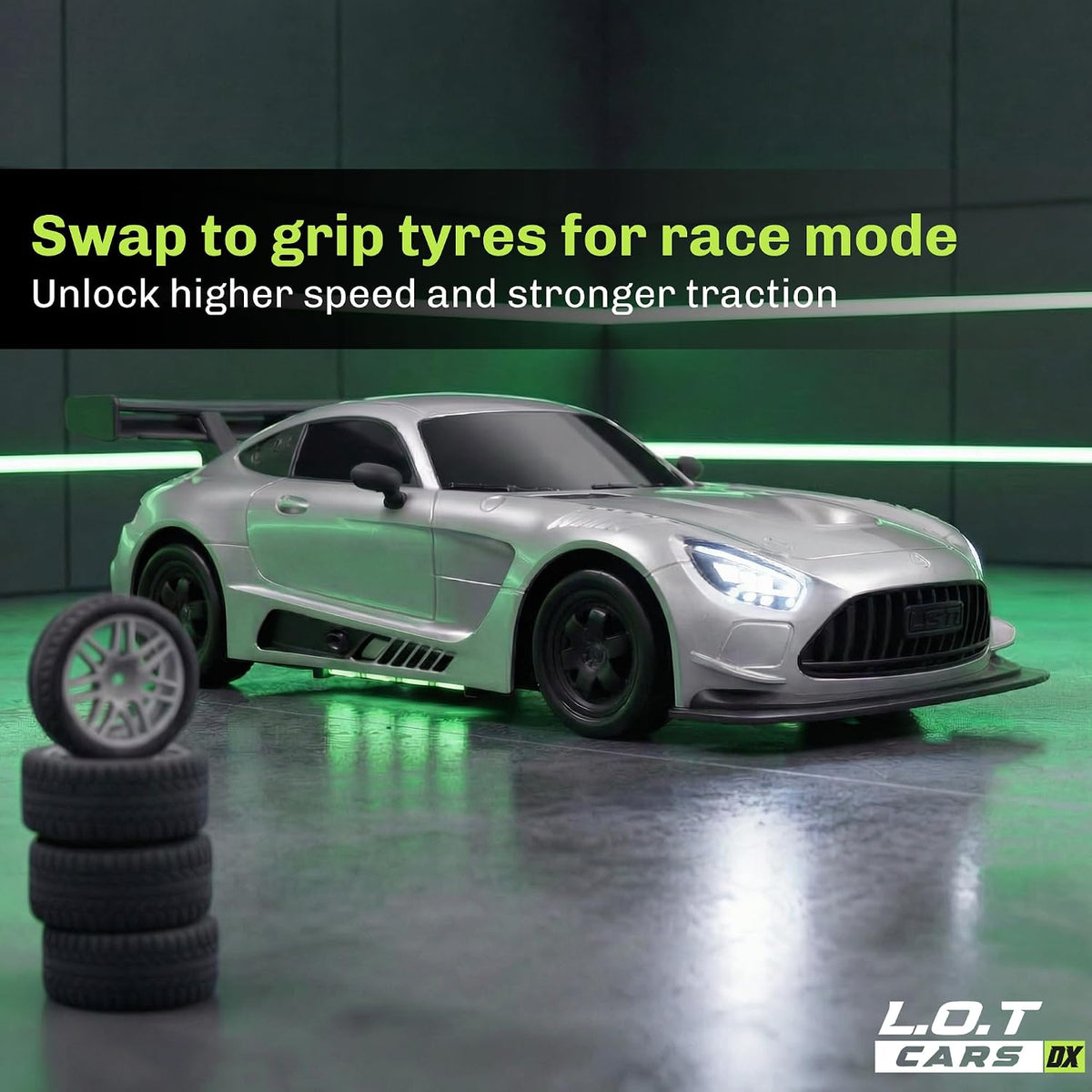 L.O.T Cars Shadow RC Drifter Asphalt Silver | 1:20 Scale Remote Control Drift Car with 2.4GHz Wireless Remote, 4WD, Variable Speed Steering, LED Lights & Dual Speed Mode