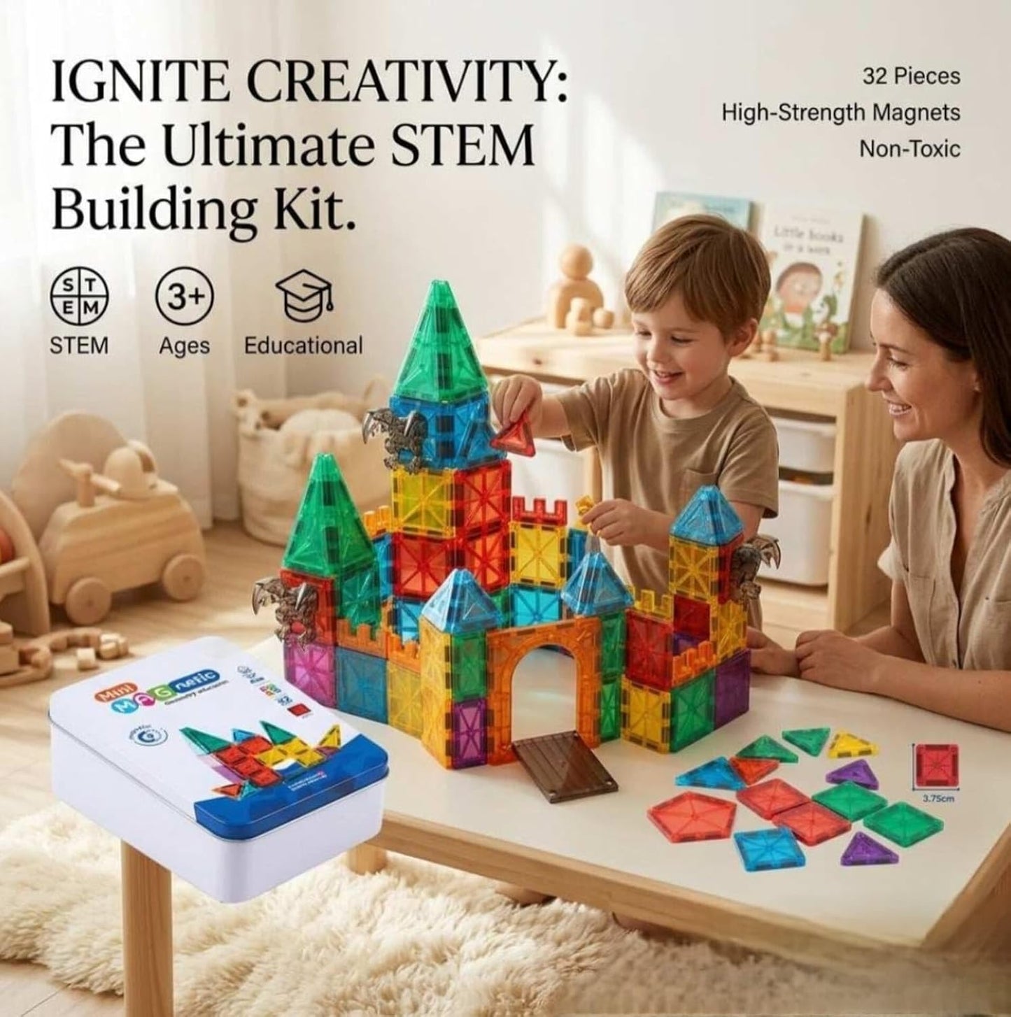 32-Piece Mini Magnetic Building Tiles Set | 3D Translucent Magnetic Construction Blocks | STEM Educational Geometry Learning Toy for Kids