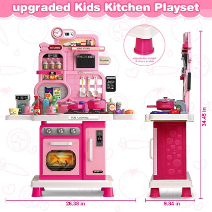 Mini Chef 56 PCS Kids Pretend Play Kitchen Set with Lights, Sounds, Cooking Stove, Sink & Accessories – Pink