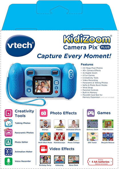 VTech KidiZoom Camera Pix Plus, Blue | Kids Digital Camera with 4X Digital Zoom, Selfie Mode, HD Photos & Videos, Voice Recorder, Games & Expandable Memory