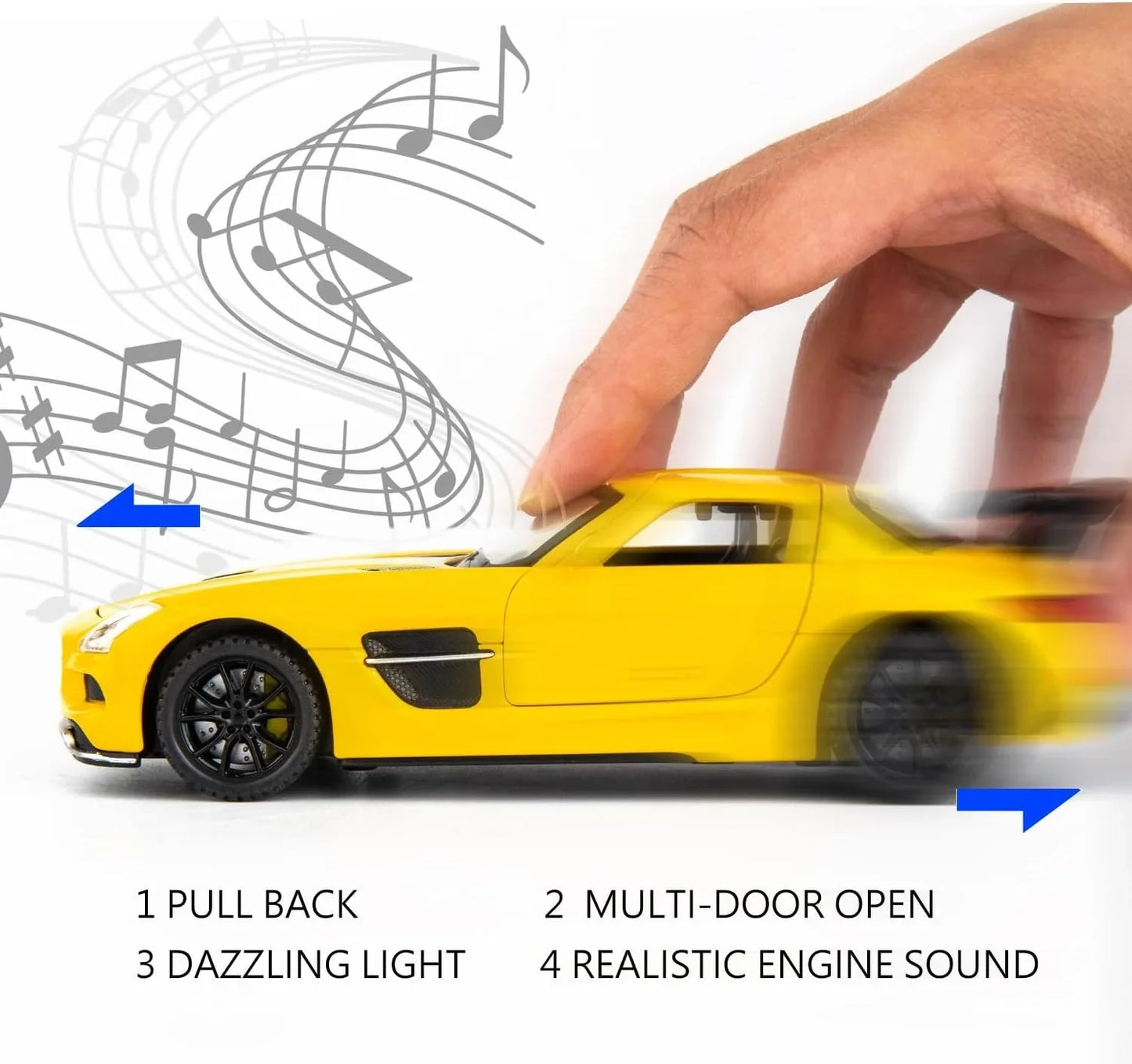 1:32 Mercedes SLS AMG Die-Cast Metal Model Car – Pull Back Toy Car with Openable Doors, Light & Sound (Yellow) - Jaiman Toys