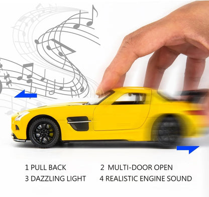 1:32 Mercedes SLS AMG Die-Cast Metal Model Car – Pull Back Toy Car with Openable Doors, Light & Sound (Yellow) - Jaiman Toys